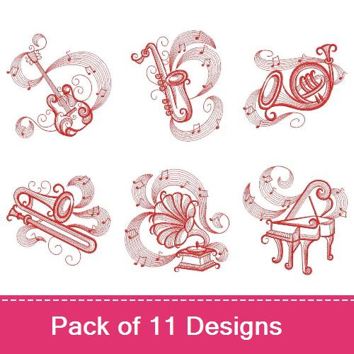 Embriodry Instruments Redwork Musical Instruments Design Pack - EmbroideryDesigns