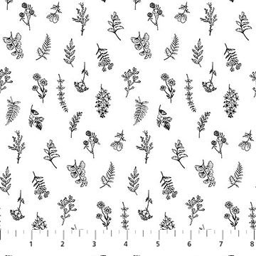 Nature's Sketchbook Mini Floral Toss White Black Deborah Edwards Northcott Studio Cotton Fabric NC-28532-10