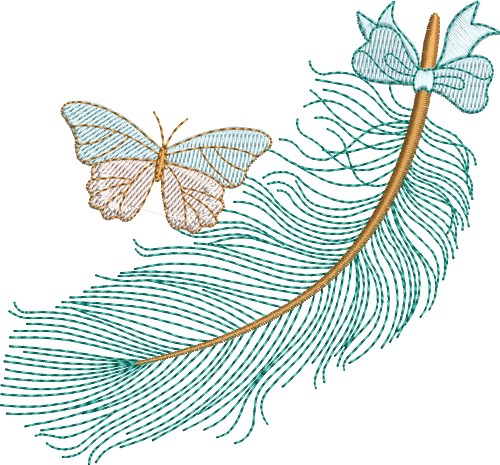Teal Feather & Butterfly Embroidery Design